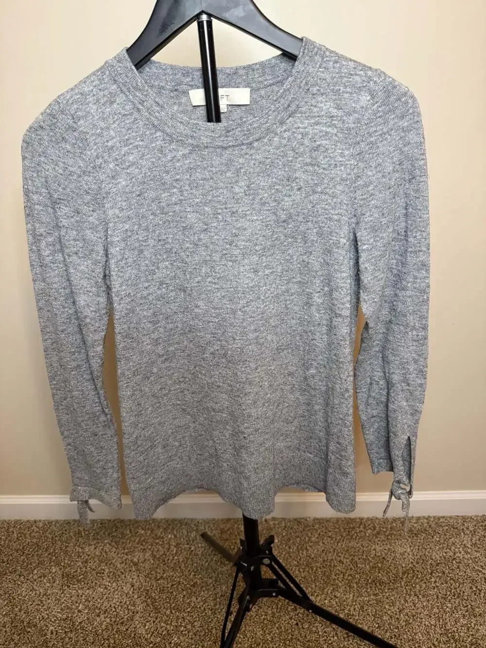 LOFT Gray Marled Tie-Cuff Crewneck Pullover Sweater-XS